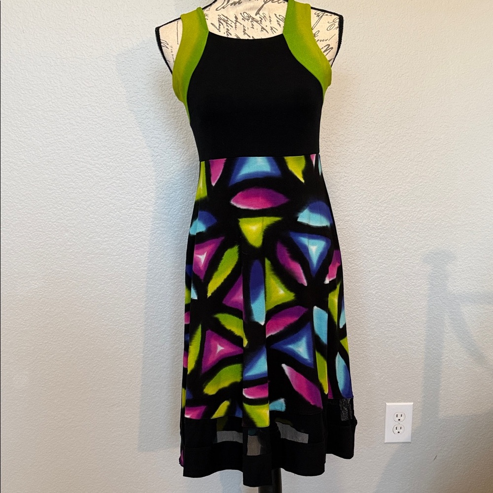 Sleeveless Black Dress with Lime Accents and Multicolor Geometric Skirt Sz Small